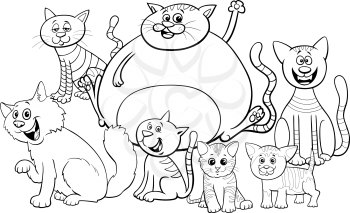 Black and White Cartoon Illustration of Cats and Kittens Comic Animal Characters Group Coloring Book Page