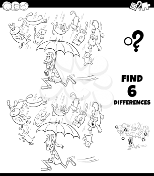 Black and White Cartoon Illustration of Finding Differences Between Pictures Educational Game for Children with Raining like Cats and Dogs Proverb Coloring Book Page