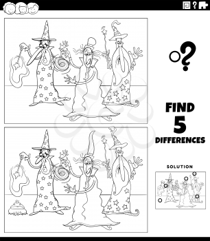 Black and white cartoon illustration of finding the differences between pictures educational game for children with three wizards fantasy characters coloring book page