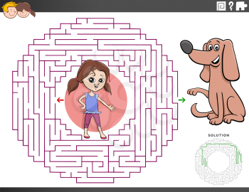Cartoon Illustration of Educational Maze Puzzle Game for Children with Girl Character and Puppy Dog