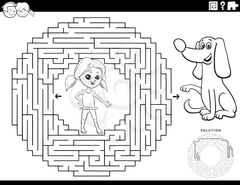 Black and White Cartoon Illustration of Educational Maze Puzzle Game for Children with Girl Character and Puppy Dog Coloring Book Page