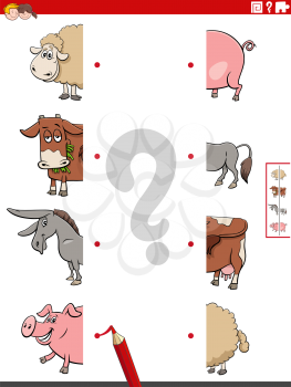 Cartoon Illustration of Educational Task of Matching Halves of Pictures with Funny Farm Animal Characters