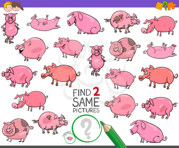 Cartoon Illustration of Finding Two Same Pictures Educational Activity Game for Kids with Funny Pigs Farm Animal Characters