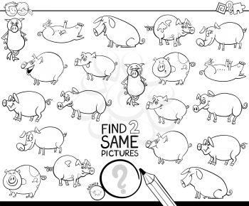 Black and White Cartoon Illustration of Finding Two Same Pictures Educational Activity Game for Kids with Funny Pigs Farm Animal Characters Coloring Book