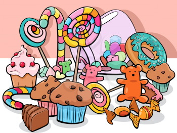 Cartoon Illustration of Sweet Food Objets and Candies Group