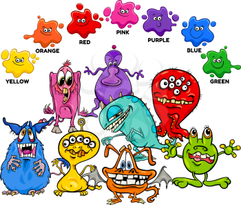 Educational Cartoon Illustration of Basic Colors with Fantasy Monsters Characters Group