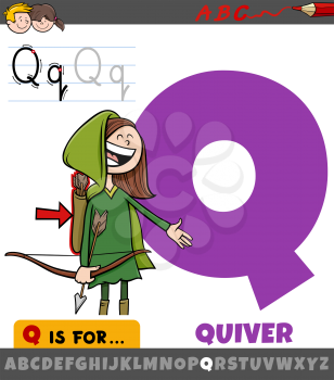 Educational cartoon illustration of letter Q from alphabet with quiver for children 