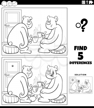 Black and white cartoon illustration of finding the differences between pictures educational game for children with bear characters drinking tea coloring book page