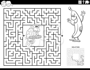 Black and White cartoon illustration of educational maze puzzle game for children with funny monkey and banana Coloring Book Page