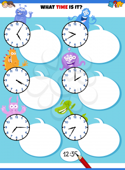 Cartoon Illustrations of Telling Time Educational Activity with Clock Face and Funny Monsters Fantasy Characters
