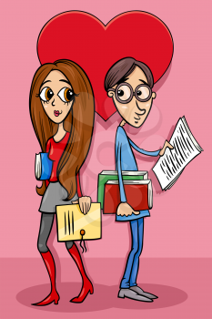 Valentines Day greeting card cartoon illustration with young people couple characters in love
