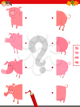 Cartoon Illustration of Educational Game of Connecting Halves of Pigs Animal Characters