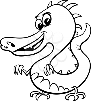 Black and White Cartoon Illustration of Comic Dragon Fantasy Fictional Animal Character Coloring Book Page