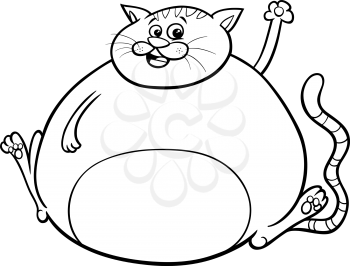Black and White Cartoon Illustration of Funny Overweight Cat Comic Animal Character Coloring Book Page