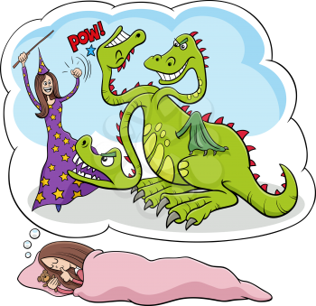 Cartoon illustration of sleeping young girl dreaming about defeating the dragon