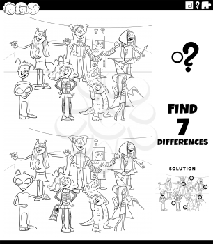 Black and White Cartoon Cartoon Illustration of Finding Differences Between Pictures Educational Game for Children with Halloween Characters Group Coloring Book Page
