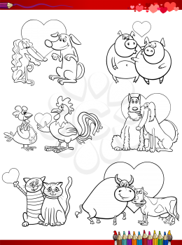 Valentines Day and Love Themes Collection Set of Black and White Cartoon Illustrations with Animal Couples Romancing Coloring Book Page