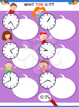 Cartoon Illustrations of Telling Time Educational Activity with Clock Face and Happy Kids