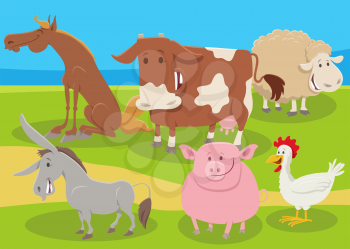 Cartoon illustration of happy farm animal characters group in the countryside
