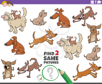 Cartoon illustration of finding two same pictures educational game with funny dogs comic characters