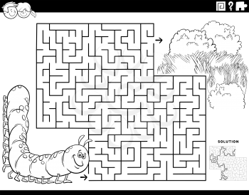 Black and white cartoon illustration of educational maze puzzle game for children with caterpillar character and green meadow coloring book page