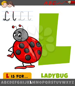 Educational cartoon illustration of letter L from alphabet with ladybug insect character