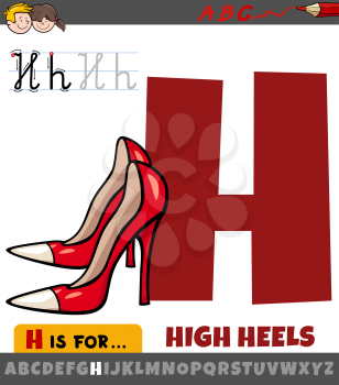 Educational cartoon illustration of letter H from alphabet with high heels objects