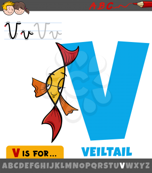 Educational cartoon illustration of letter V from alphabet with veiltail fish animal character for children 