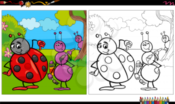 Cartoon illustration of ant and ladybug insects animal characters group coloring book page