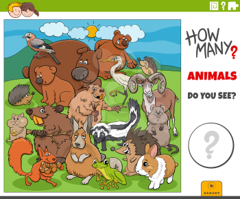 Illustration of educational counting game for children with cartoon animals characters group