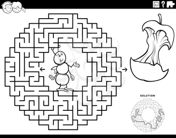 Black and white cartoon illustration of educational maze puzzle game for children with ant and apple core coloring book page