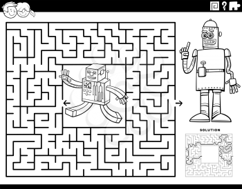 Black and white cartoon illustration of educational maze puzzle game for children with with funny robots characters coloring book page