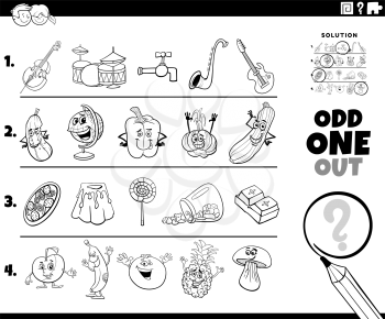 Black and White cartoon illustration of odd one out picture in a row educational task for elementary age or preschool children with comic characters coloring book page