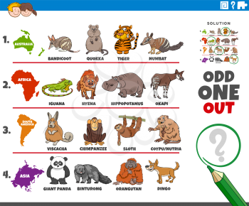 Cartoon illustration of odd one out picture in a row educational task for elementary age or preschool children with animals species from different continents