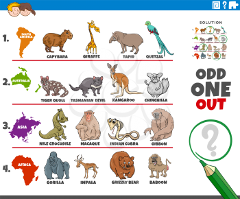 Cartoon illustration of odd one out picture in a row educational game for elementary age or preschool children with animals species from different continents
