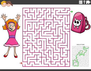 Cartoon illustration of educational maze puzzle game for children with girl character and backpack