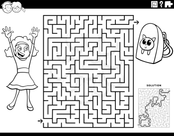 Black and white cartoon illustration of educational maze puzzle game for children with girl character and backpack coloring book page