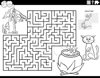 Black and white cartoon illustration of educational maze puzzle game for children with witch and her cauldron and black cat fantasy characters coloring book page