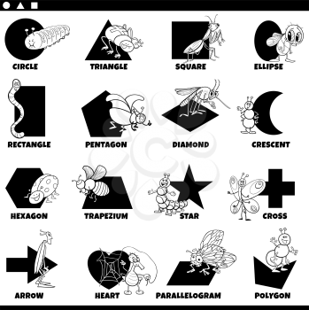 Black and white educational cartoon illustration of basic geometric shapes with captions and insects animal characters for preschool and elementary age children