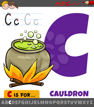Educational cartoon illustration of letter C from alphabet with cauldron object
