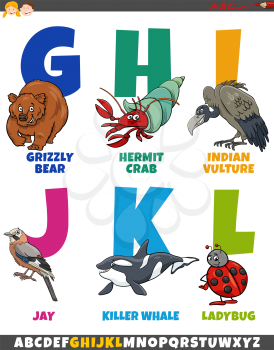 Cartoon illustration of educational colorful alphabet set from letter G to L with comic animal characters
