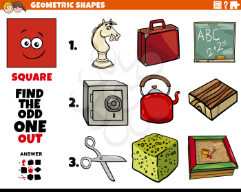 Cartoon illustration of square geometric shape educational odd one out task for children