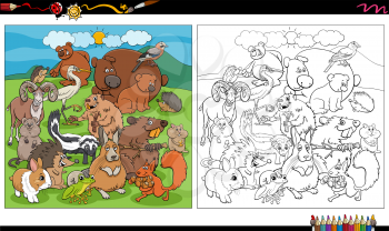 Cartoon illustration of wild animal comic characters group coloring book page