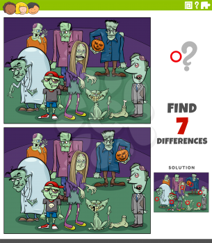 Cartoon illustration of finding the differences between pictures educational game for children with comic zombie characters