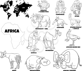 Black and white educational cartoon illustration of African animal species set and world map with continents shapes coloring book page