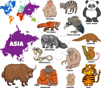 Educational cartoon illustration of Asian animal species set and world map with continents shapes