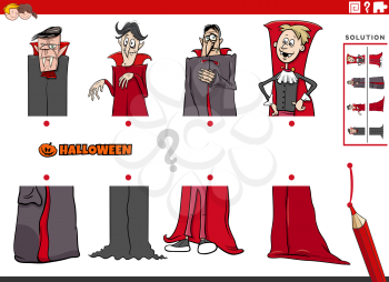 Cartoon illustration of educational game of matching halves of pictures with comic vampires Halloween characters