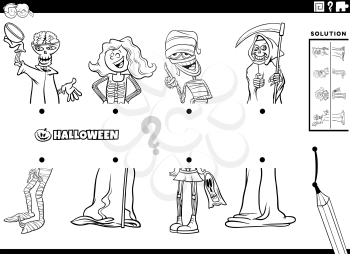 Black and white cartoon illustration of educational game of matching halves of pictures with comic Halloween characters coloring book page