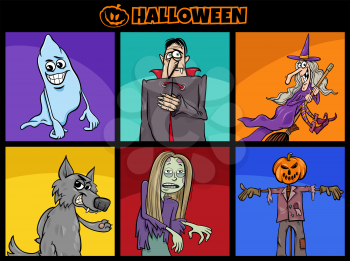 Cartoon illustration of comic scary Halloween characters set