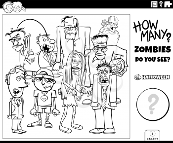 Black and white illustration of educational counting game for children with cartoon zombies Halloween characters group coloring book page